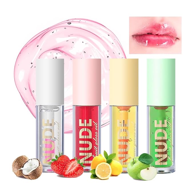 4 Pcs Plumping Lip Oil, Moisturizing Hydrating Lip Glow Oil Fruit Big Brush Head Lip Gloss Kit Smooth Glossy Finish Tinted Lip Balm, Non-sticky Fresh Texture