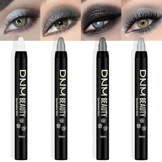 Kaely 4Pcs Smokey Eyeshadow Stick Set for Eyes,Pearl white Dazzling grey Pearl black Silver,Eye Brightener Makeup Pen,Waterproof Cream Eye Shadow Highlighter Crayon Pencil,sombras en crema para ojos