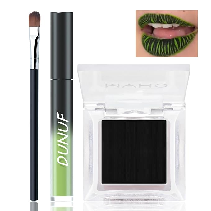 Green Matte Liquid Lipstick Set with Black Eyeshadow Powder, Halloween Goth Lip Gloss Waterproof Longlasting DIY Cute Unique Makeup Lip Stain for Rave Festival Accessories Cosplay Party