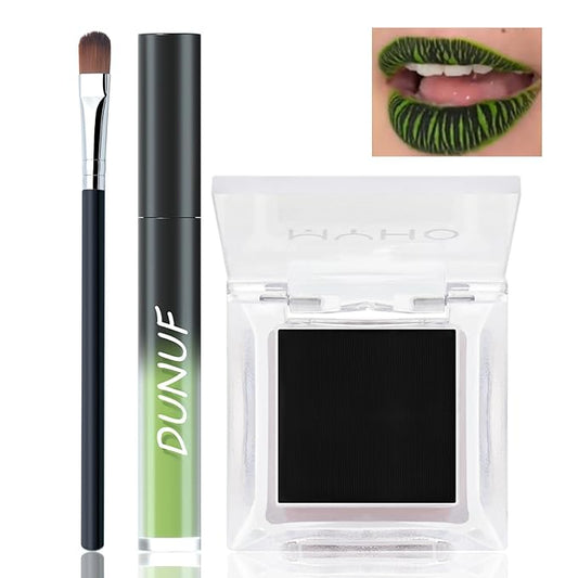 Green Matte Liquid Lipstick Set with Black Eyeshadow Powder, Halloween Goth Lip Gloss Waterproof Longlasting DIY Cute Unique Makeup Lip Stain for Rave Festival Accessories Cosplay Party
