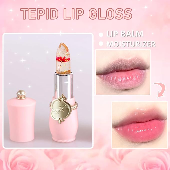 firstfly Pack of 6 Crystal Flower Jelly Lipstick, Long Lasting Nutritious Lip Balm Lips Moisturizer Magic Temperature Color Change Lip Gloss (Pink)