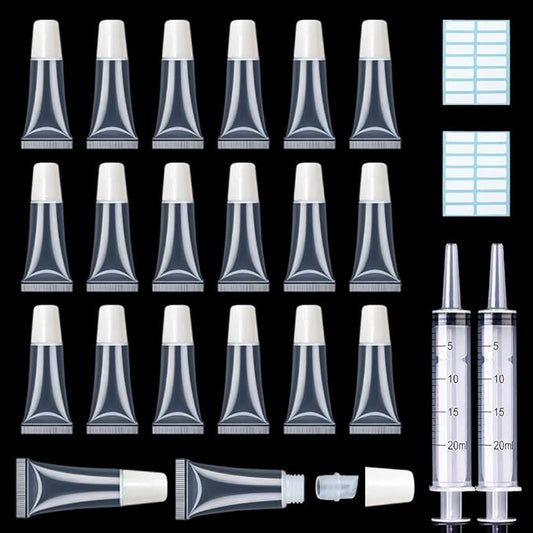 AMORIX 50PCS Lip Gloss Tubes 5ml White Cap Lip Gloss Containers Empty Lip Balm Tubes Cosmetic Lipgloss Tubes + 2 x 20ml Syringes Tag Labels for DIY Lip Gloss Base Glitter
