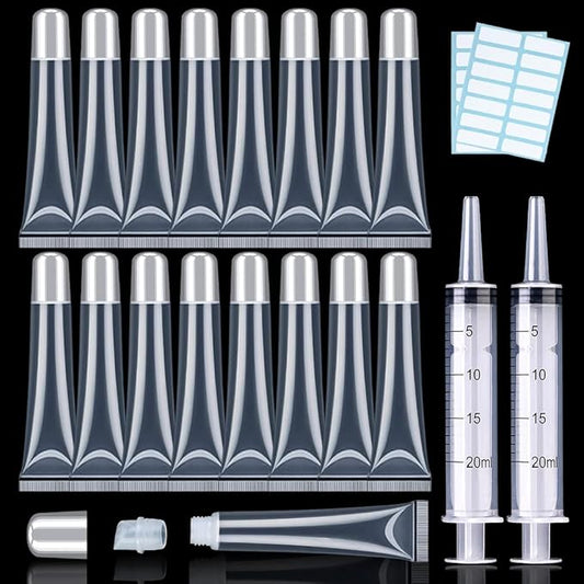 50PCS Lip Gloss Tubes 20ml Silver Cap Lip Gloss Containers Empty Lip Balm Tubes Refillable Cosmetic Squeeze Lipgloss Tubes + 2 x 20ml Syringes Tag Labels Stickers for DIY Lip Gloss Base Glitter