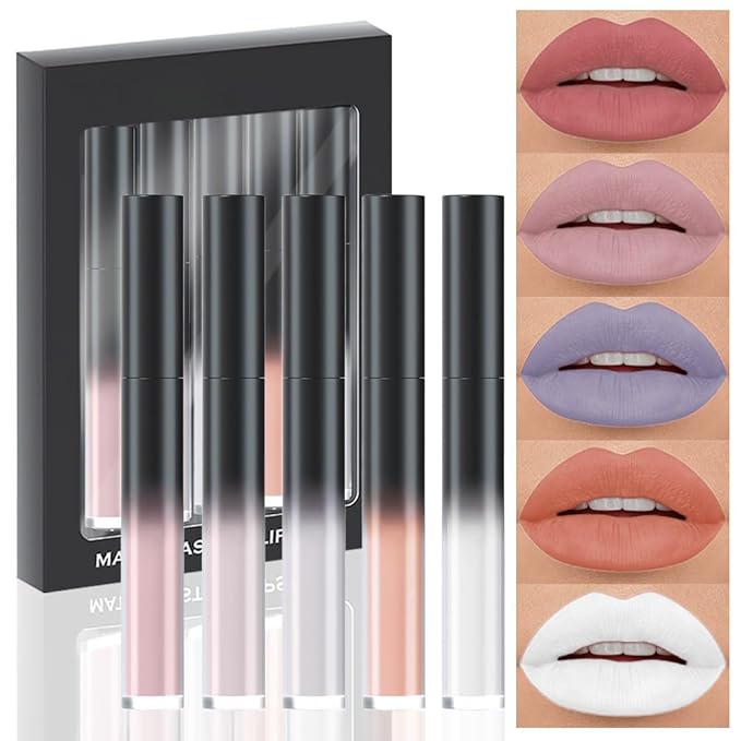AMY'S DIARY Matte Plum Liquid Lipstick 5Pcs Sets,24-hour Lipstick White Nude Naked Gray Plum Lip Stain 24 Smudge Waterproof for Women (Set06)