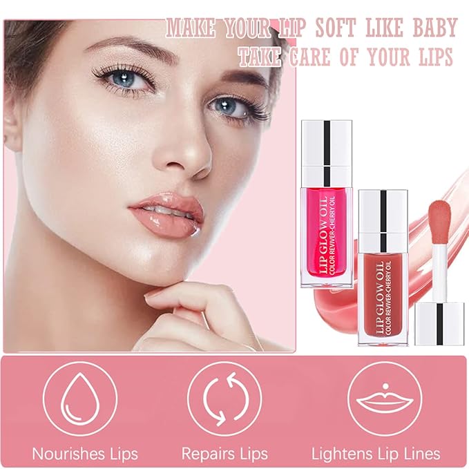 2 Colors Hydrating Plumping Lip Glow Oil,Moisturizing Lip Oil Gloss Transparent Glossy Lip Gloss Primer Lip Tint for Lip Care and Dry Lip (012#+015#)