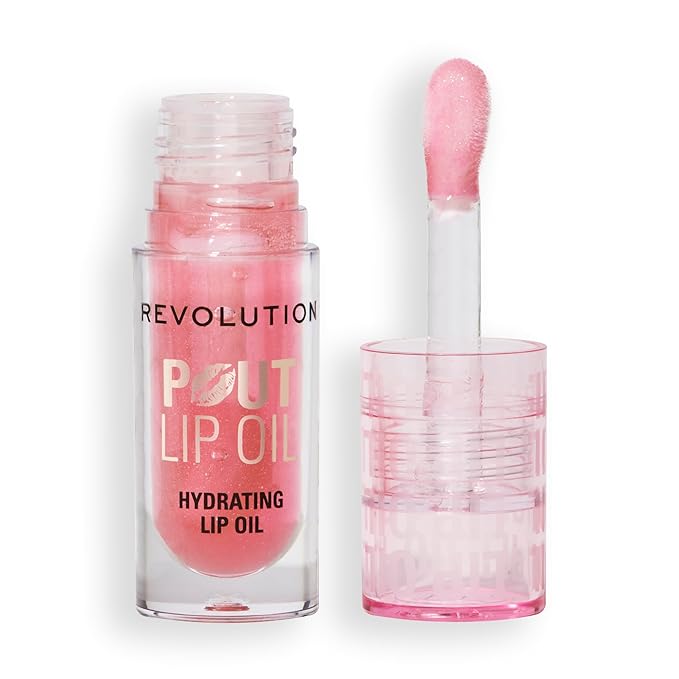 Revolution, Pout Lip Oil, Nourishing Tinted Lip Oil, High Shine, Non-Sticky Finish, Vegan & Cruelty-Free, Glam Pink Shimmer, 0.13 oz