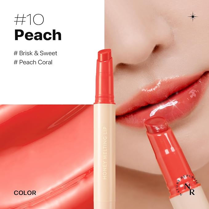 Nature Republic HONEY MELTING LIP (10 PEACH) SOFT LIP STICK, Hydrating Gloss, Moisturizing balms, Sheer tint, Shine & Glowy Finish, korean make up