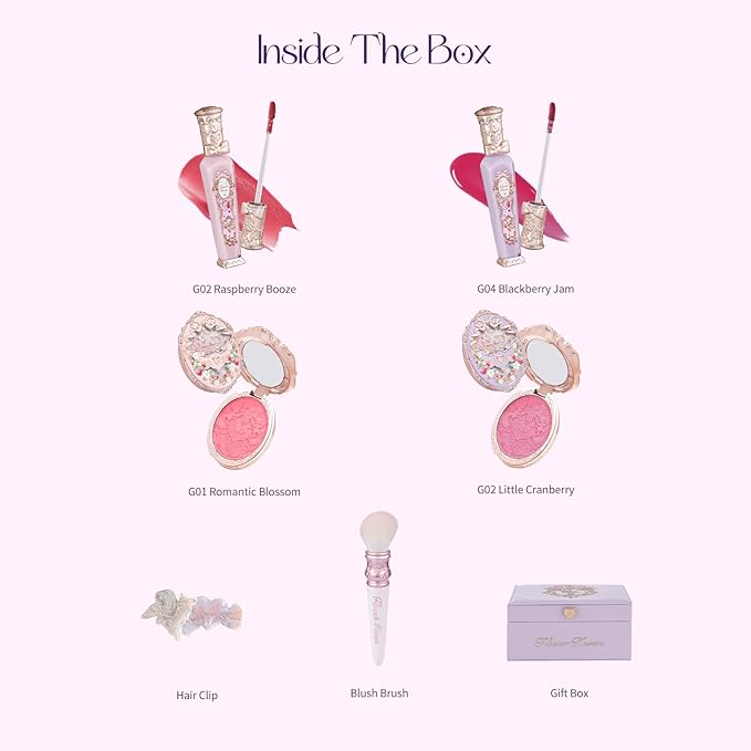Flower Knows Violet Strawberry Rococo Makeup Box Set, 7 Pack Makeup Box with Mirror, Lip Gloss2, Blush2, Blush Brush1, Hair Clip1, Gift Box1