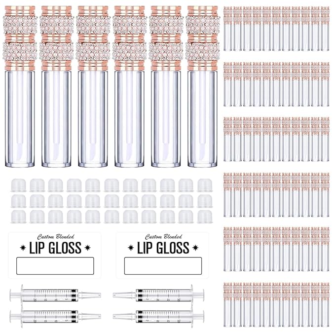 AMORIX 72 Pack 5ml Pearl Diamond Lip Gloss Tubes with Wand 5ml Empty Lip Gloss Containers Lipgloss Bottles with Stoppers + 4pcs Syringes for DIY Lip Gloss Balm