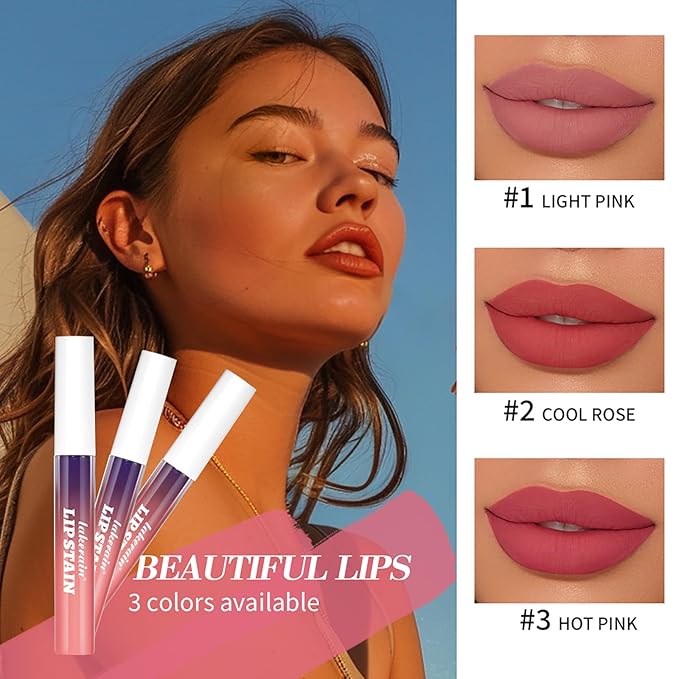 3Pcs Peel-Off Lip Tint Set - Tattoo Lip Stain Kit in 3 Vibrant Colors, Long-Lasting Matte Finish, Moisturizing Peel-Off Lip Mask, Waterproof & Smudge-Proof, 24H Color Hold (3PCS, 3)