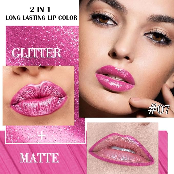 evpct Hot Pink Metallic Glitter Lip Liner and Lipstick Combo Lip Gloss Stain Set Makeup for Women Long Lasting Waterproof 24, Rose Pink Frosted Metallic Shimmer Glossy iridescent Liquid Lipstick 07