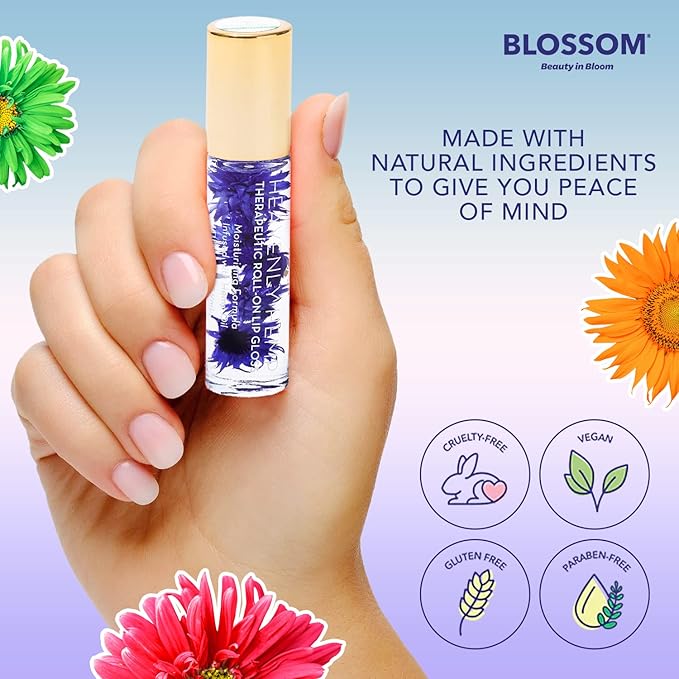 Blossom Roll on Lip Gloss, Scented Clear High Shine Moisturizing Lip Oil, Non Sticky, Infused with Real Flowers, Made in USA, 0.2oz, Raspberry Hemp