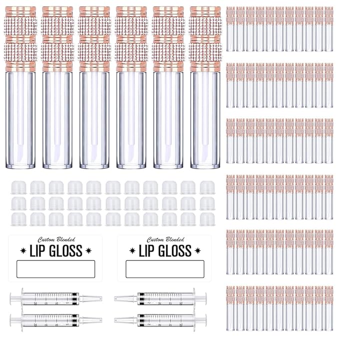 AMORIX 72 Pack 5ml Rose Gold Crystal Lip Gloss Tubes with Wand 5ml Empty Lip Gloss Containers Lipgloss Bottles with 4pcs Syringes + Labels for DIY Lip Gloss