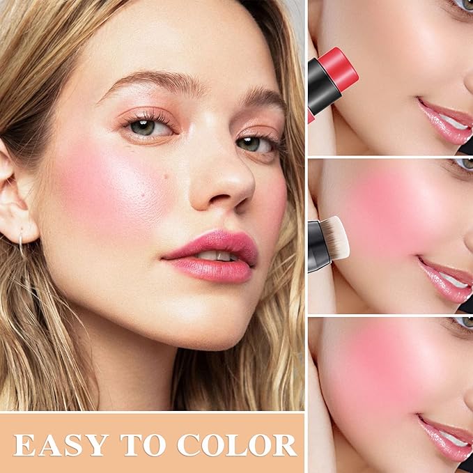 3 Pcs Cream Blush Stick with Brush,Waterproof Multi All Skin