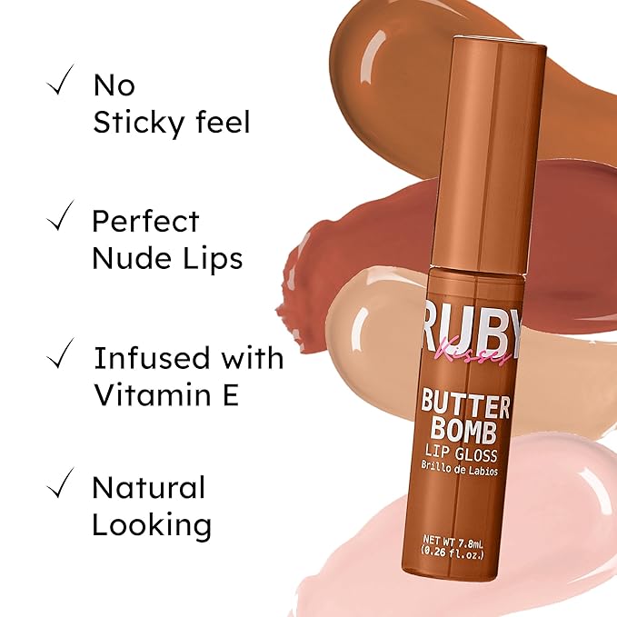 Ruby Kisses Lip Gloss Butter Bomb Gloss Non-Sticky Lip Gloss Vitamin E Natural Nude Lip Makeup - 7.8mL (0.26 US fl.oz) (Butter Bomb)