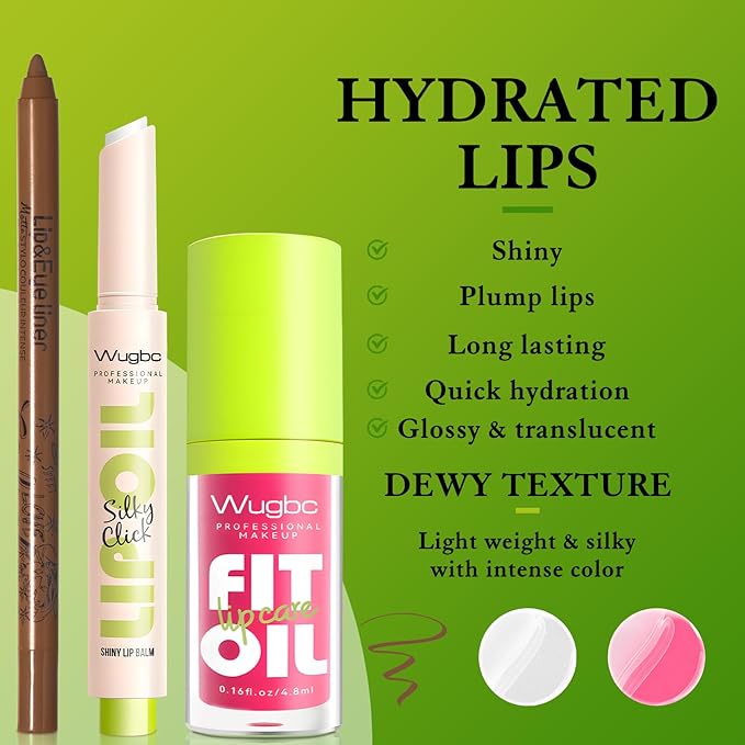 Brown Lip Liner Pink Lip Gloss Fat Oil Slick Click Clear Shimmer, Ultra-Hydrating Lip Balm Tinted Lip Glow Oil for Women Makeup, Lightweight Non Sticky Liquid Lipstick Lip Liner Pencil Combo Set