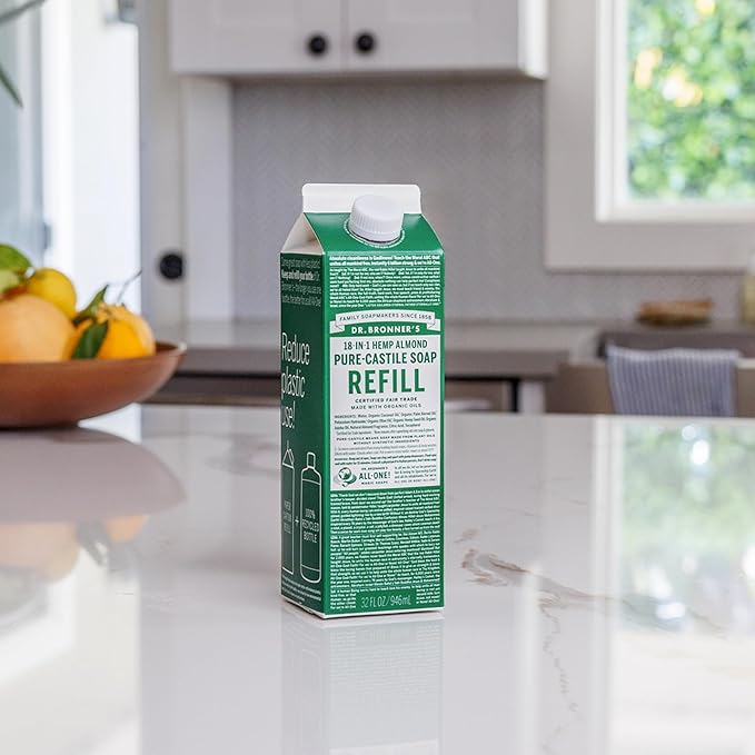 Dr. Bronner's - Pure-Castile Liquid Soap Bottle & Refill Carton Made with 82% Less Plastic (Almond, 32 oz) - Face, Body, Hair, Laundry, Dishes & More, Super-Concentrated, Organic, Vegan, Non-GMO