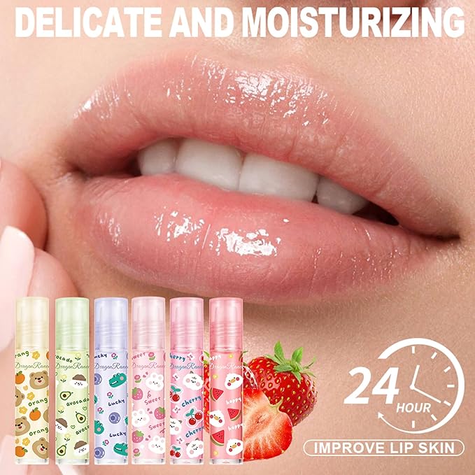 6pcs Fruit Flavored Lip Gloss Set, Roll on Lip Gloss Set Kids Lip Gloss Cute Lip Oil for Girls, Glossy and Shiny Non-Toxic, Kid Friendly, Kids Gift