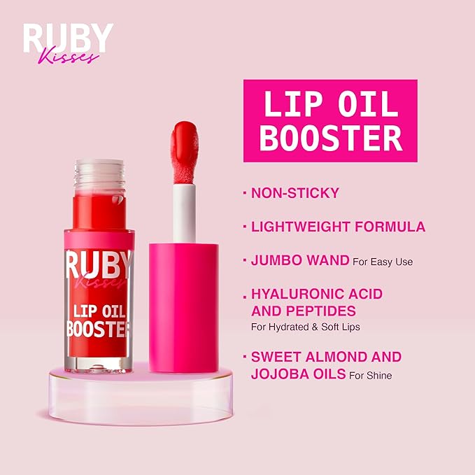 Ruby Kisses Lip Oil Booster, Hydrating Lip Gloss with Nourishing Natural Oil Blend, Jumbo Wand for Easy Application, Non-Sticky Formula (Hot Cherry)