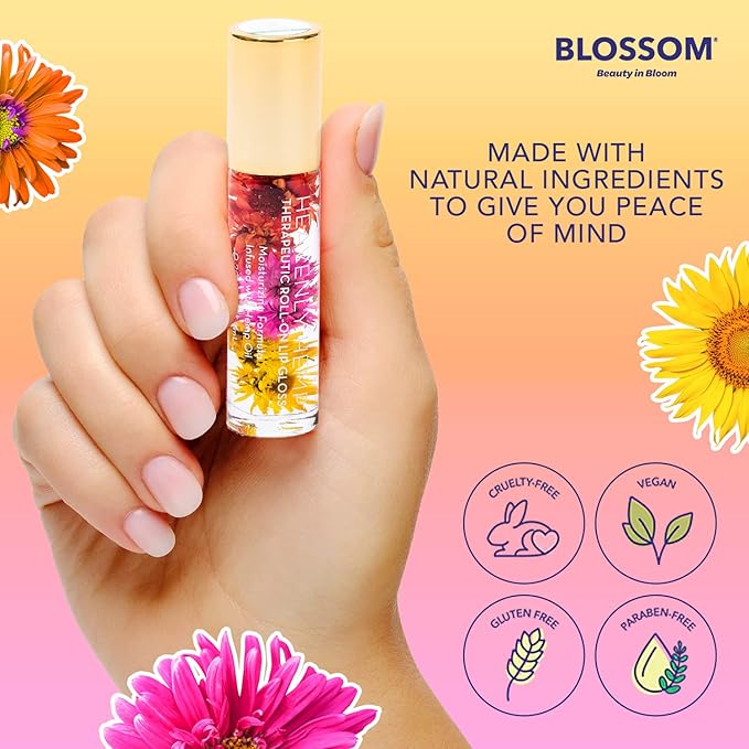 Blossom Roll on Lip Gloss, Scented Clear High Shine Moisturizing Lip Oil, Non Sticky, Infused with Real Flowers, Made in USA, 0.2oz, Mango Hemp