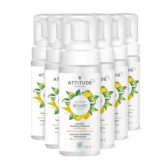 ATTITUDE Micellar Foaming Facial Cleanser, EWG Verified, Dermatologically Tested, Plant and Mineral-Based, Vegan, Lemon Leaves, 5 Fl Oz (Pack of 6)