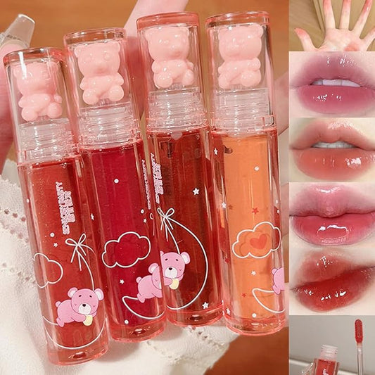 4Pcs Bear Lip Glaze Hydrating Jelly Lip Gloss,Jelly Liquid Lipstick Cute Bear Lipgloss Moisturizing Lip Stain Plumping Water Lip Gloss Waterproof Long Lasting Cheek Rouge Tint Makeup (4, A)