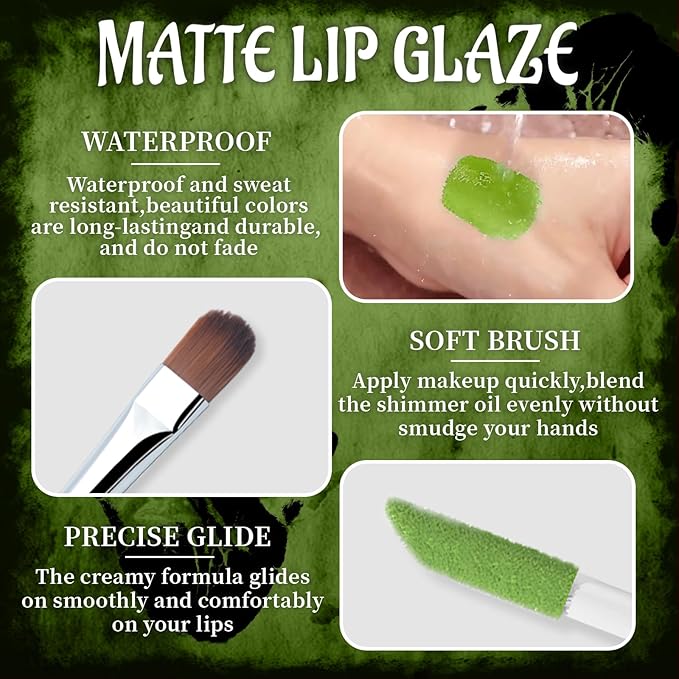 Green Matte Liquid Lipstick Set with Black Eyeshadow Powder, Halloween Goth Lip Gloss Waterproof Longlasting DIY Cute Unique Makeup Lip Stain for Rave Festival Accessories Cosplay Party