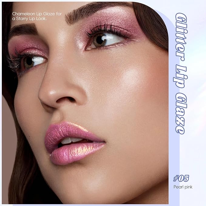 Hot Pink Glitter Lip Gloss Liquid Lipstick, Diamond Shimmer Metallic Sparkly Iridescent Chameleon Lip Gloss Gift for Women, Long Lasting Waterproof Highly Pigment Holographic Lip Makeup05