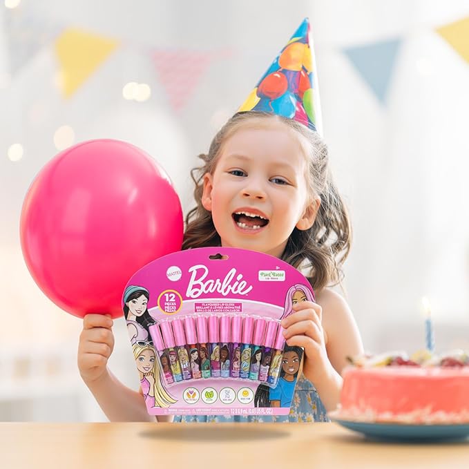 Barbie 12 Piece Plant Based Lip Gloss, Girls Party Favors, First Makeup Set for Girl, Perfect for Parties, Sleepovers, and Birthday Gifts, Ages 3+, by Townley Girl