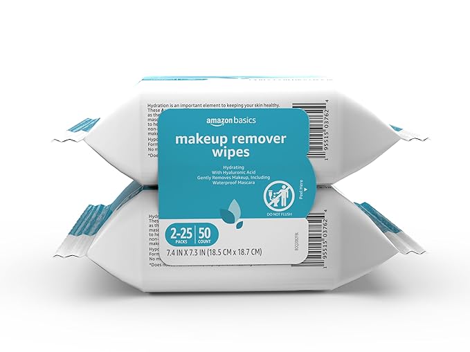 Amazon Basics Hydrating Makeup Remover Wipes, 50 wipes (Pack of 2)