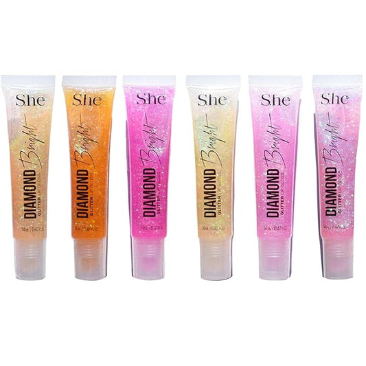 Beauty Bundle She Diamond Glitter Lip Gloss Bright High Shine Glitter Holographic Long Lasting Non-Sticky Formula Gifts for Girls, Teens, Tweens & Women