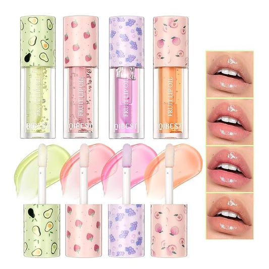Petansy Fruit-Flavored Plumping Lip Oil Set 4 Packs Moisturizing Lip Glow Oil Long Lasting Nourishing Lip Gloss Set No-Sticky Gloss Lip Balm Lip Care