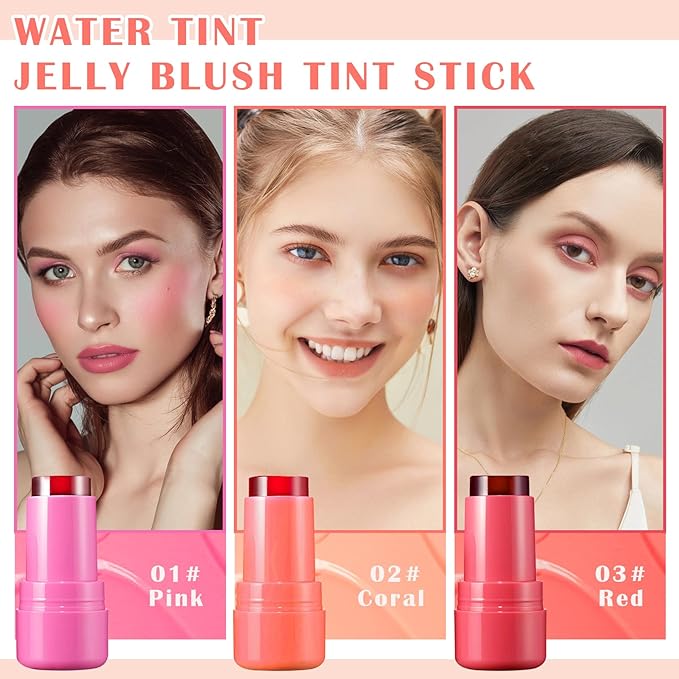3PCS Milk Cooling Water Jelly Tint Stick Water Tint Milk Jelly Blush Tint Stick Lip and Cheek Stain Multi-Use Jelly Lip Tint Stain Non-sticky Makeup Stick(Pink+Coral+Red)