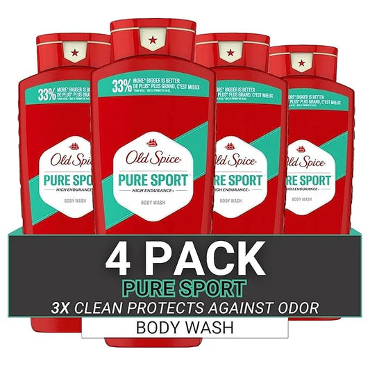 Old Spice Refreshing Body Wash for Men, High Endurance, 3X Defense, 24/7 Shower Fresh with Long Lasting Scent, Pure Sport Scent, 24 oz (Pack of 4)