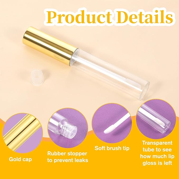 5 Pcs Empty Lip Gloss Tubes, Clear Plastic Gloss Container with Wand Refillable Lip Balm Bottle 10ml Lip Gloss Container for Lipstick Samples, Lip Balms(Gold Tube Cap)
