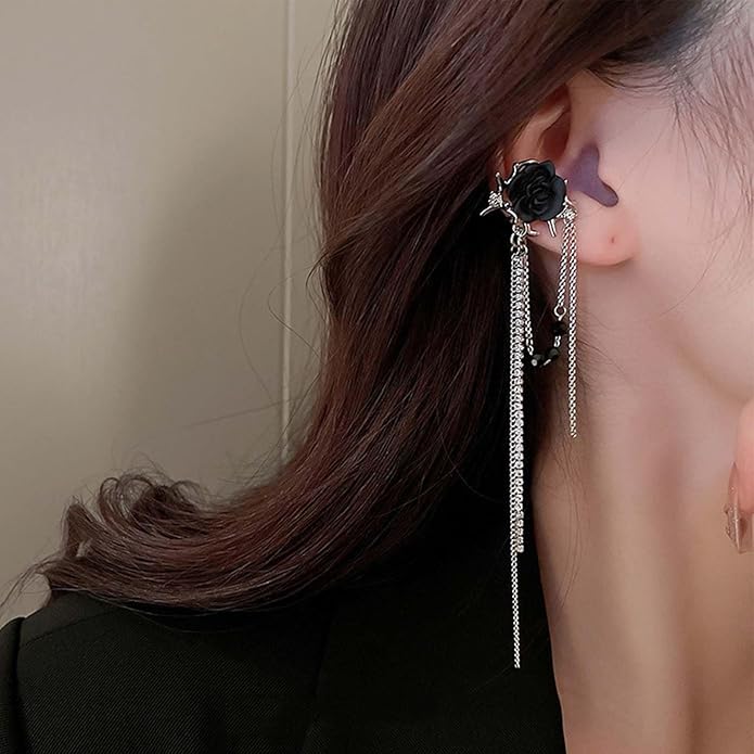 Punk Black Rose Flower Earring Long Rhinestone Chain