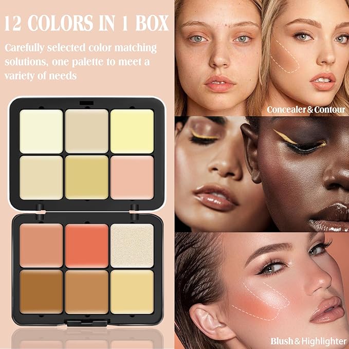 12 Colors Cream [Blush+Contour+Concealer+Highlighter] Makeup Palette for Cheeks