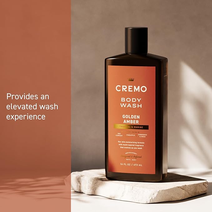 Cremo Rich-Lathering Golden Amber Body Wash for Men, Notes of Red Currant, Pineapple, Ambergris and Moss, 16 Fl Oz
