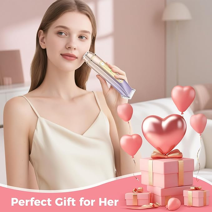 2 in 1 Bikini Trimmer for Women, Dual Head Electric Razor, IPX7 Waterproof Wet/Dry Use Women Electric Shaver, Painless Body Facial Hair Remover for Bikini Legs Arm Underarm, Rechargeable