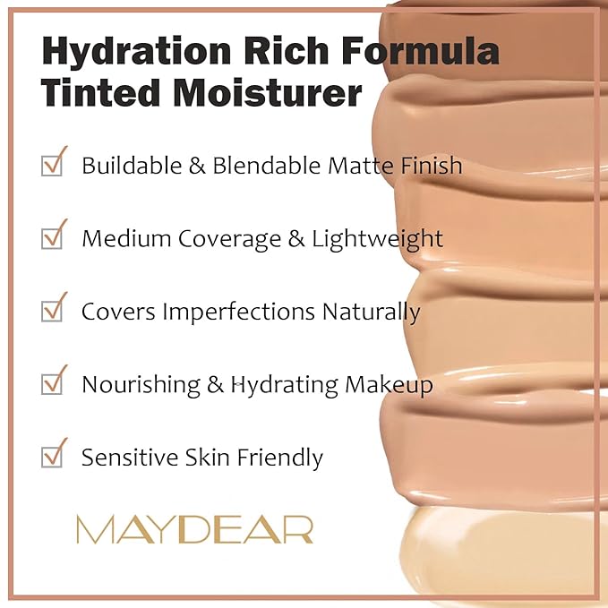Maydear Tinted Moisturizer for Face, Matte Finish, Hydrating, Honey, 1.(50ml) 7 oz