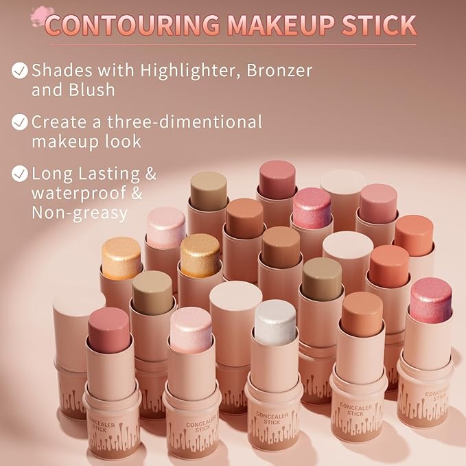 3pcs Face Contour Stick, Highlighter Stick Blush Stick Teen Girls