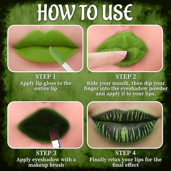 Green Matte Liquid Lipstick Set with Black Eyeshadow Powder, Halloween Goth Lip Gloss Waterproof Longlasting DIY Cute Unique Makeup Lip Stain for Rave Festival Accessories Cosplay Party