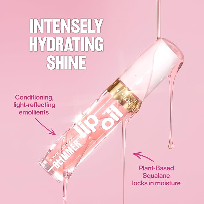 REVLON Super Lustrous Glimmer Lip Oil, Moisturizing & Tinted, Shiny Finish, Made with Plant-Based Squalane, 001 Candy Hearts, 0.13 fl oz