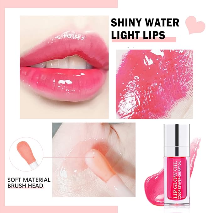 Plumping Lip Oil Lip Glow Oil Lip Gloss Oil Lip Stain Long Lasting Hydrating Non-sticky Big Brush Head Glitter Shine Clear Lip Oil Tinted for Lip Care and Dry Lips -015 Cherry Red