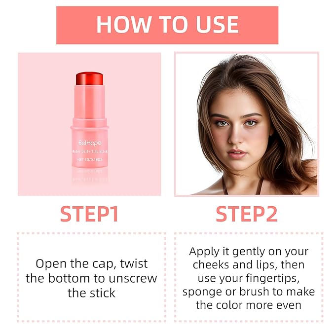 Cooling Water Jelly Tint, Makeup Lip Tint Jelly Blush Stick, Jelly Blush Stick Lip Stain, 1,000+ Swipes Per Stick, Vegan, Cruelty Free, Buildable Watercolor Finish (RED)