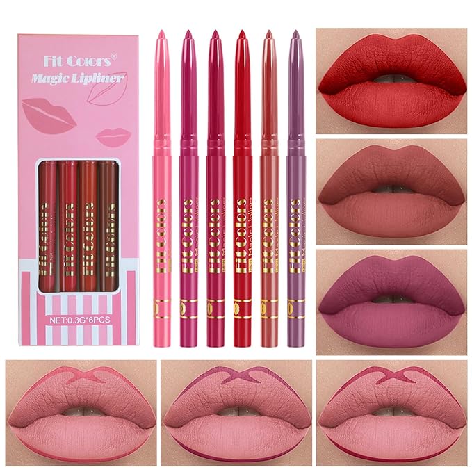 Lip Liner Set,6 Colors Non-Stick Cup Brown Pink Long