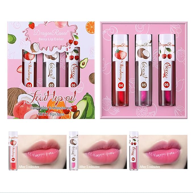 Color Changing Lip Oil - Fruit Lip Oil Pack, 3pcs Magic Color-Changing Lip Glow Oil, Hydrating Lip Gloss for Dry Lip Care Makeup