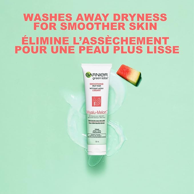 Garnier SkinActive Green Labs Hyalu-Melon Smoothing Milky Washable Cleanser with Hyaluronic Acid + Watermelon for Dehydrated Skin, Fine Lines, (Packaging May Vary), 4.4 FL Oz