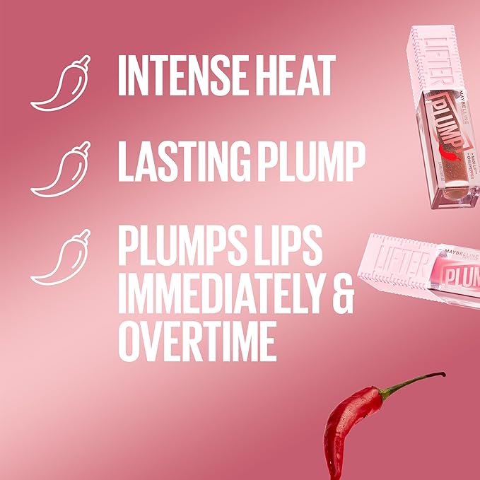 MAYBELLINE Lifter Gloss Lifter Plump, Plumping Lip Gloss with Chili Pepper and 5% Maxi-Lip, Pink Sting, Sheer Bubblegum Pink, 1 Count