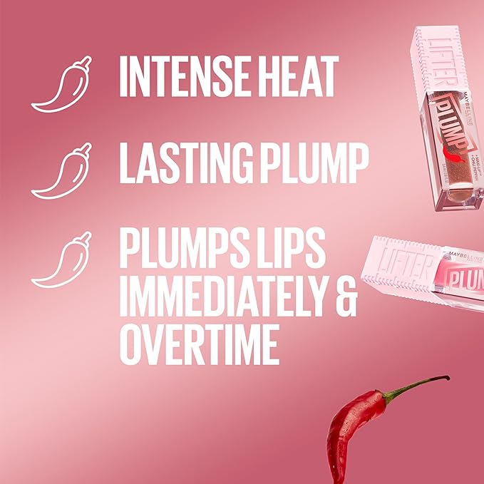 MAYBELLINE Lifter Gloss Lifter Plump, Plumping Lip Gloss with Chili Pepper and 5% Maxi-Lip, Red Flag, Sheer Red, 1 Count